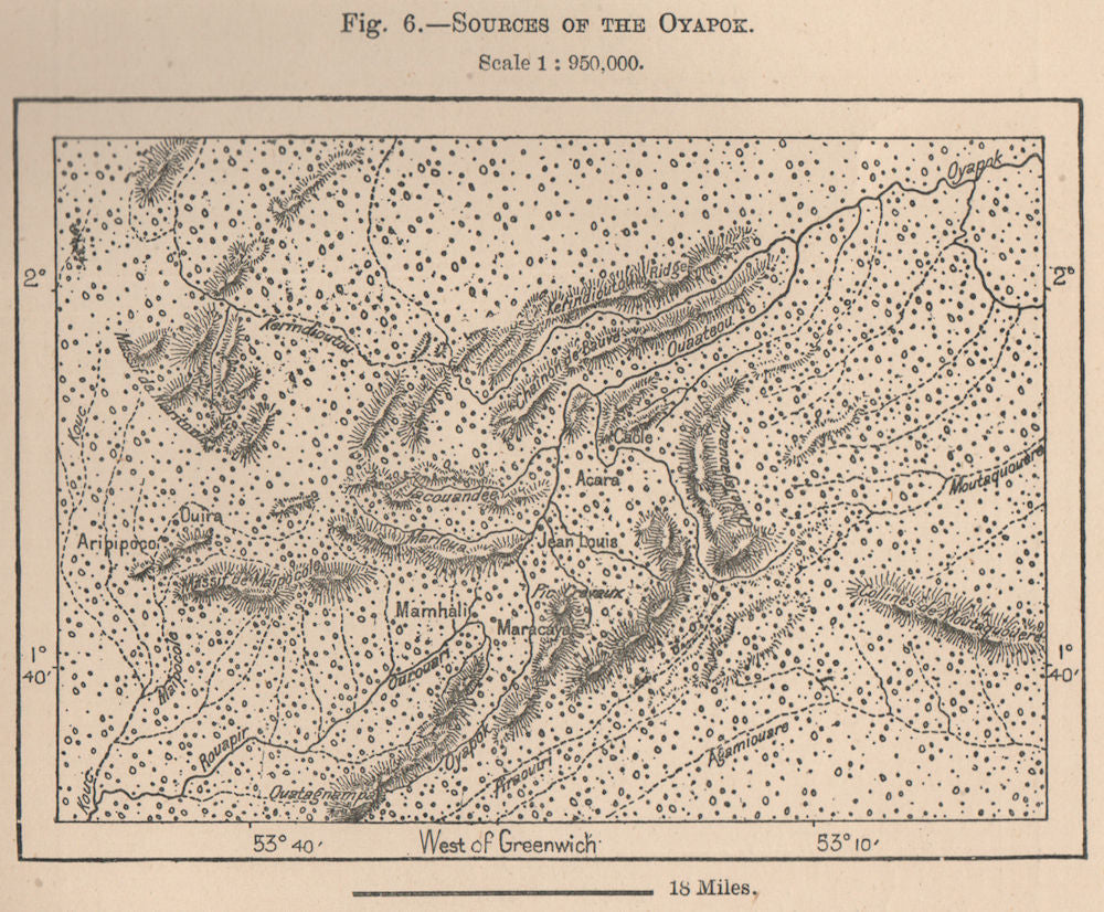 Sources of the Oyapok/Oiapoque River.Montanhas do Tumucumaque.Brazil 1885 map